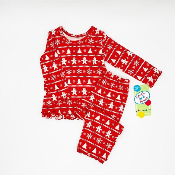 NWT Sara's Prints Toddler Girls Gingerbread Fair Isle Print Pajama Set Size 2 - Picture 1 of 8